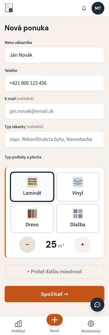 Zadajte zákazníka a plochu