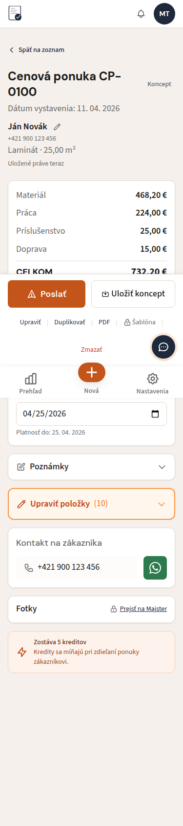 Screenshot hotovej cenovej ponuky v mobilnej appke